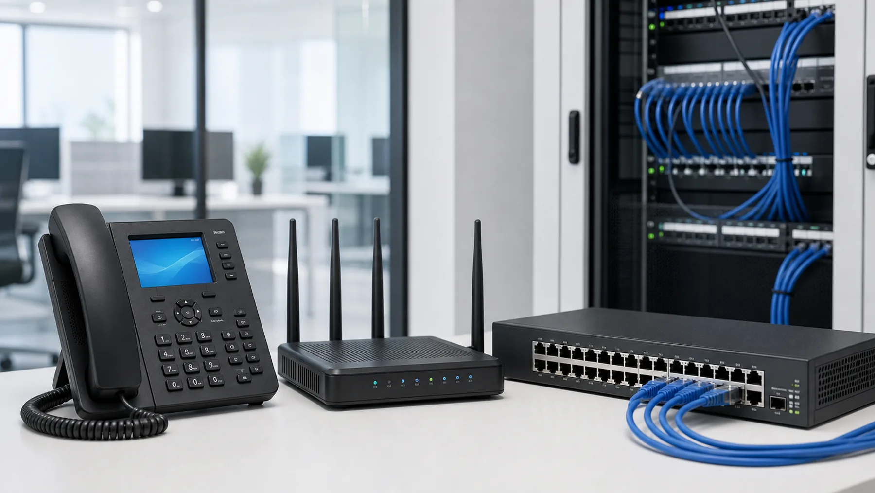 Telefono IP, router y switch de red para comunicacion empresarial