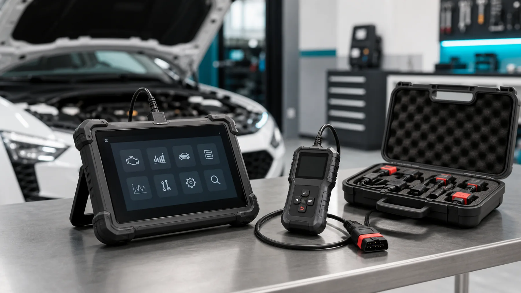 Scanner automotriz profesional conectado en un taller
